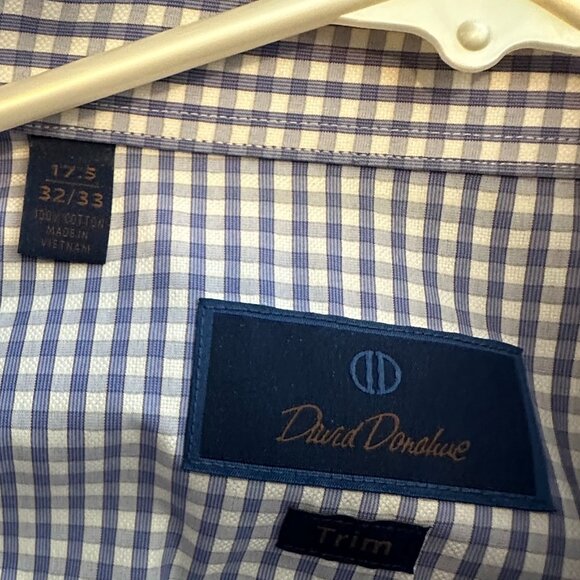 David‎ Donahue Dress Shirt Mens Blue White Checkered Button Up Shirt 17.5 32/33 - Picture 6 of 8